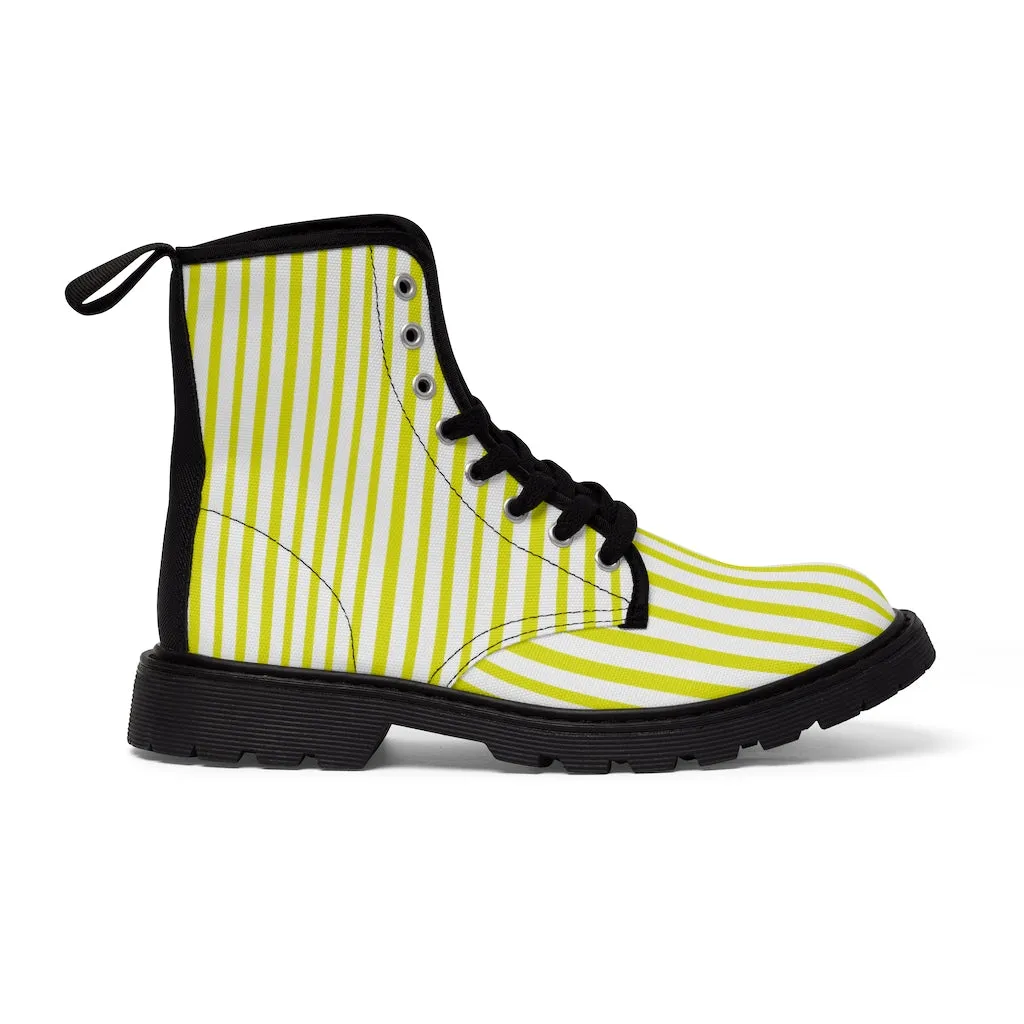 Yellow Striped Women's Canvas Boots, Vertically White Striped Print Winter Boots For Ladies