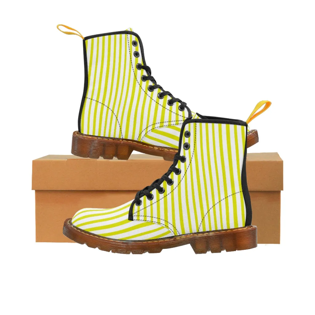 Yellow Striped Women's Canvas Boots, Vertically White Striped Print Winter Boots For Ladies