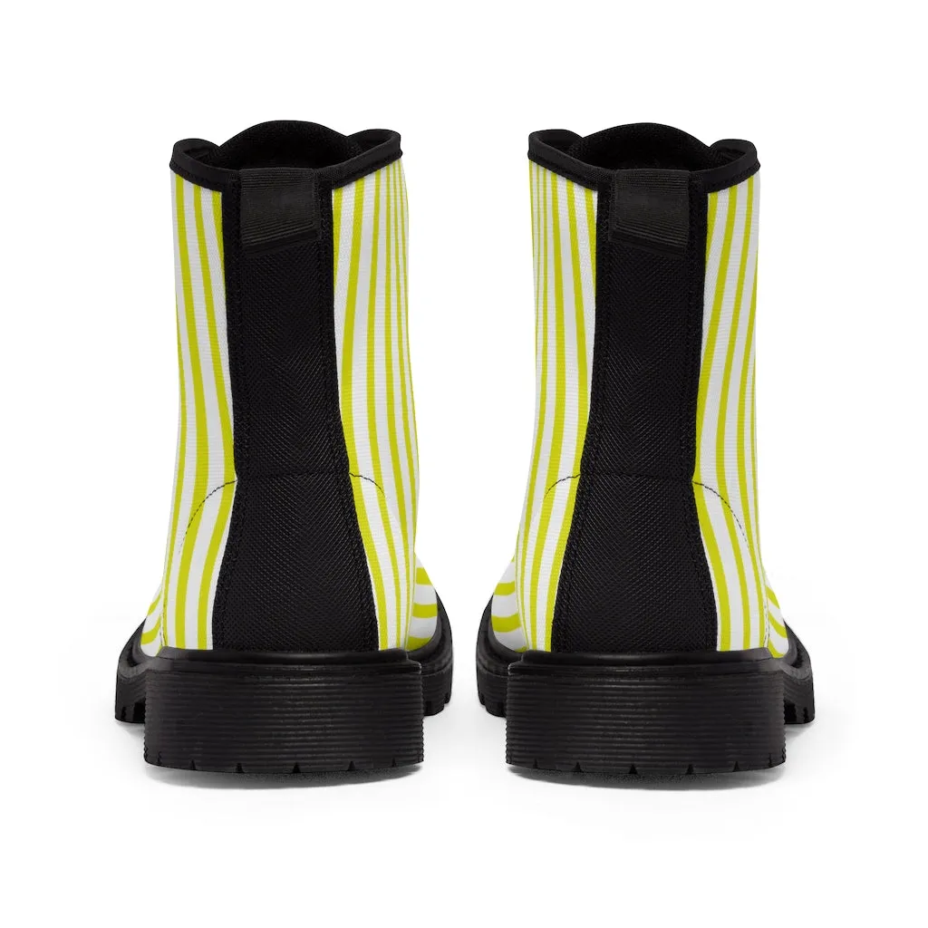 Yellow Striped Women's Canvas Boots, Vertically White Striped Print Winter Boots For Ladies