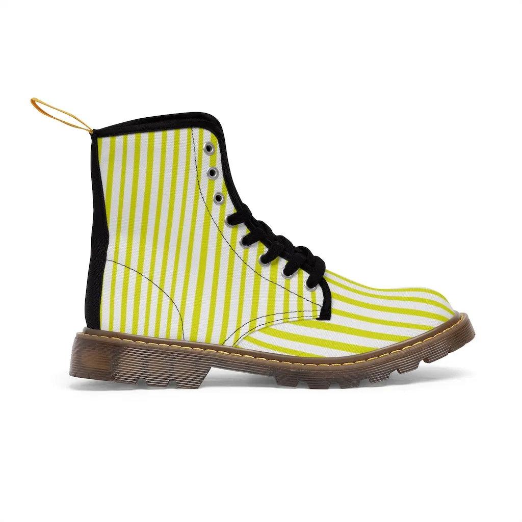 Yellow Striped Women's Canvas Boots, Vertically White Striped Print Winter Boots For Ladies